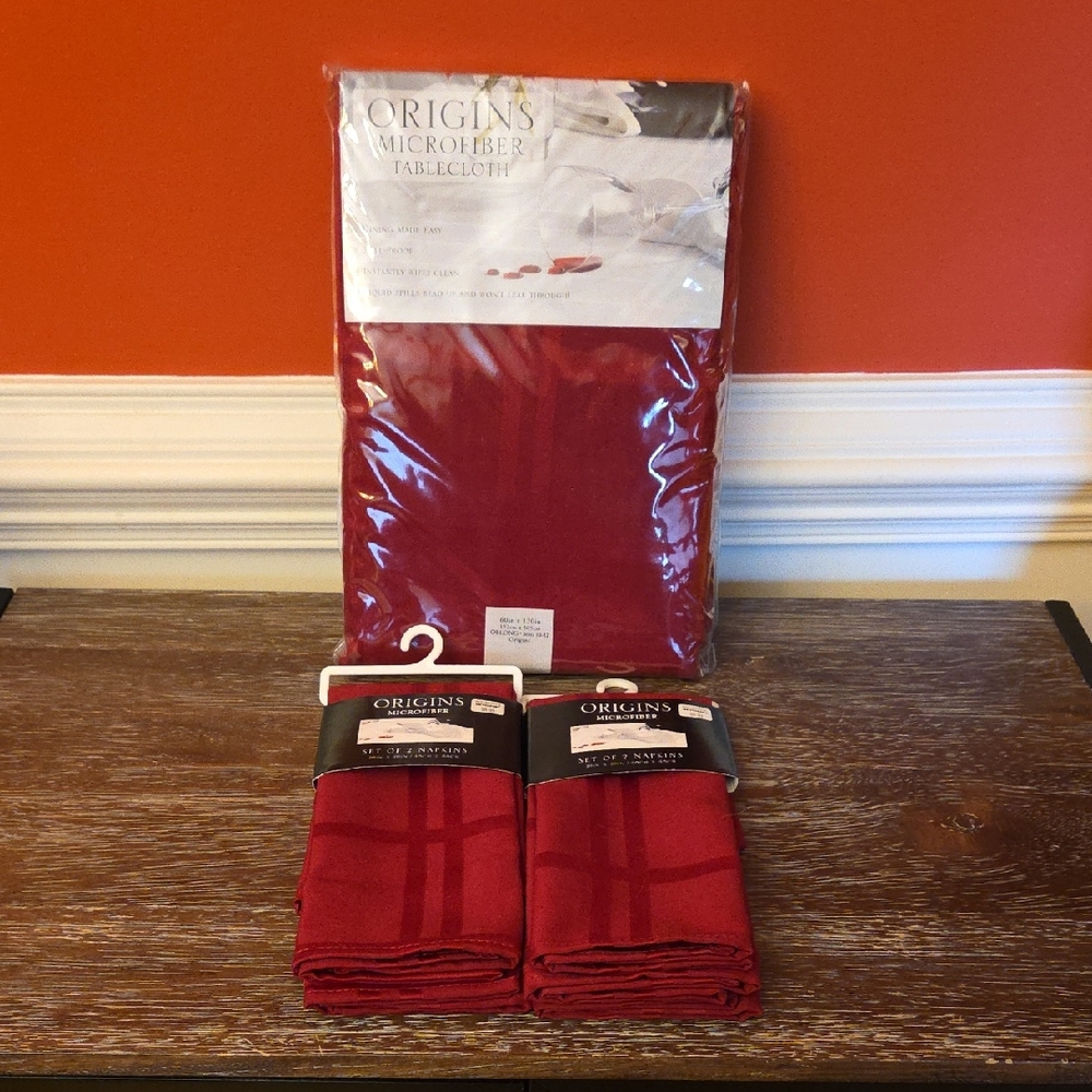 Brand New! Microfiber tablecloth and napkins by Origins. Color Ruby